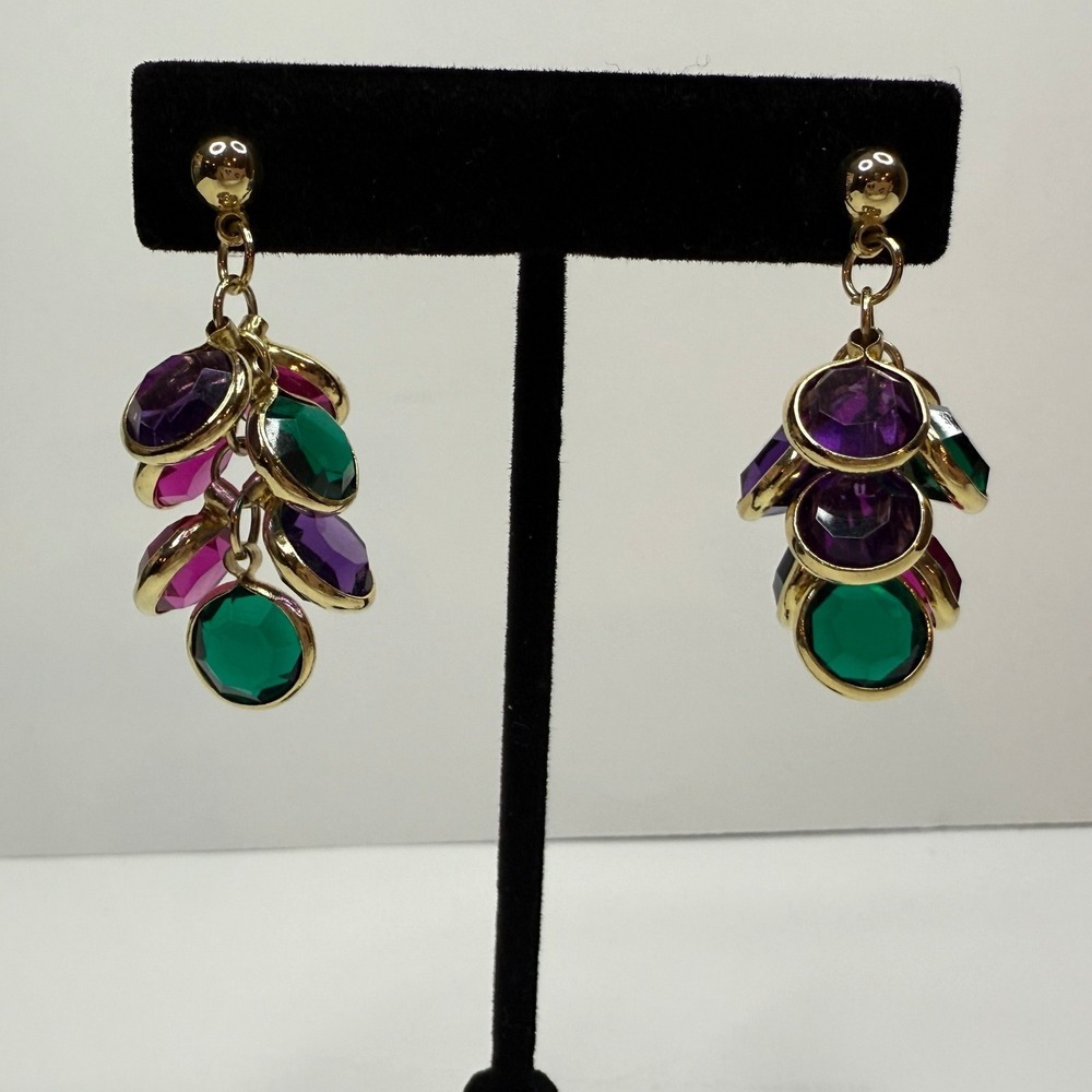 Crystal Cluster Faceted Glass Dangle Drop Earrings Gold Tone Fashion Jewelry